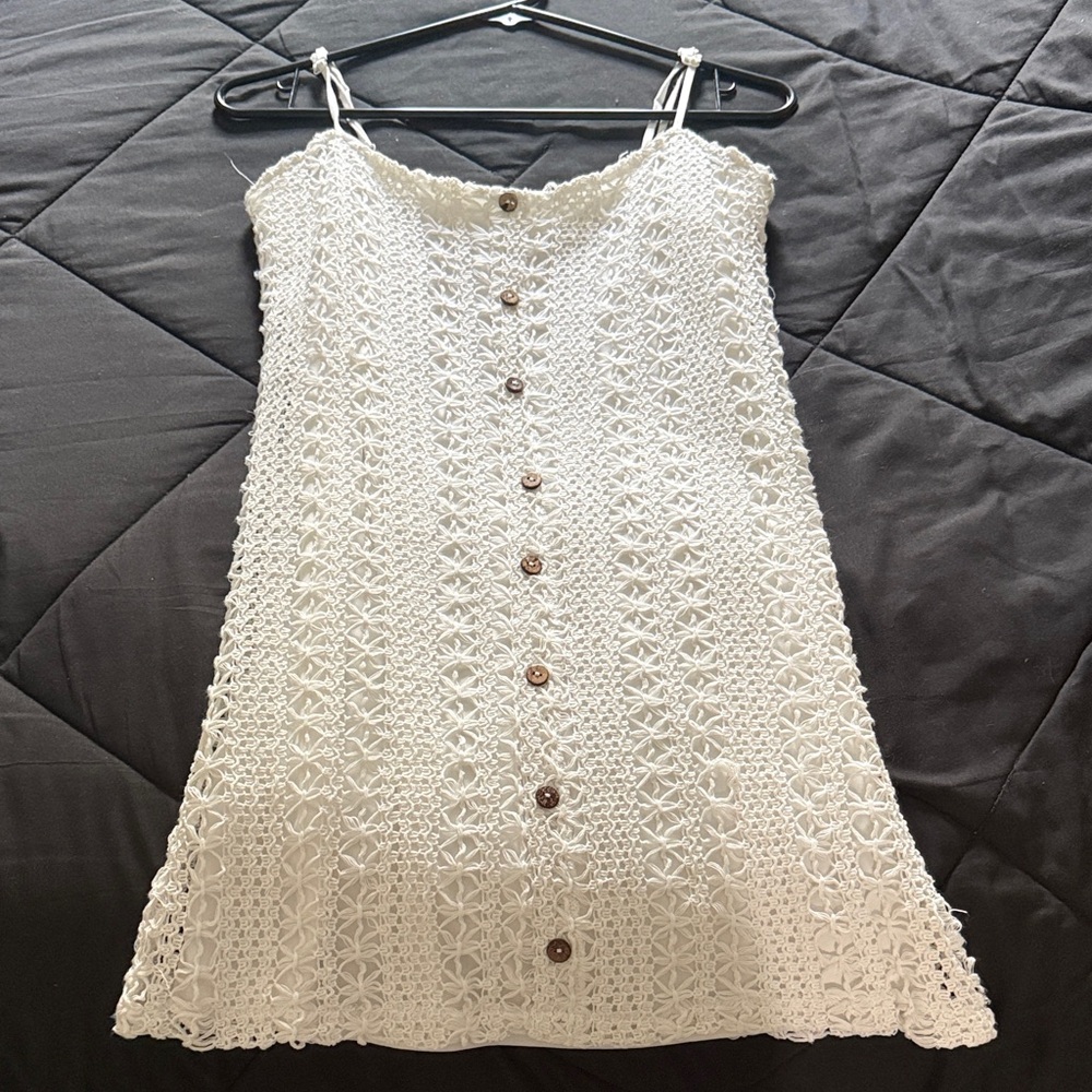Elegant White Crochet Button-Down Dress